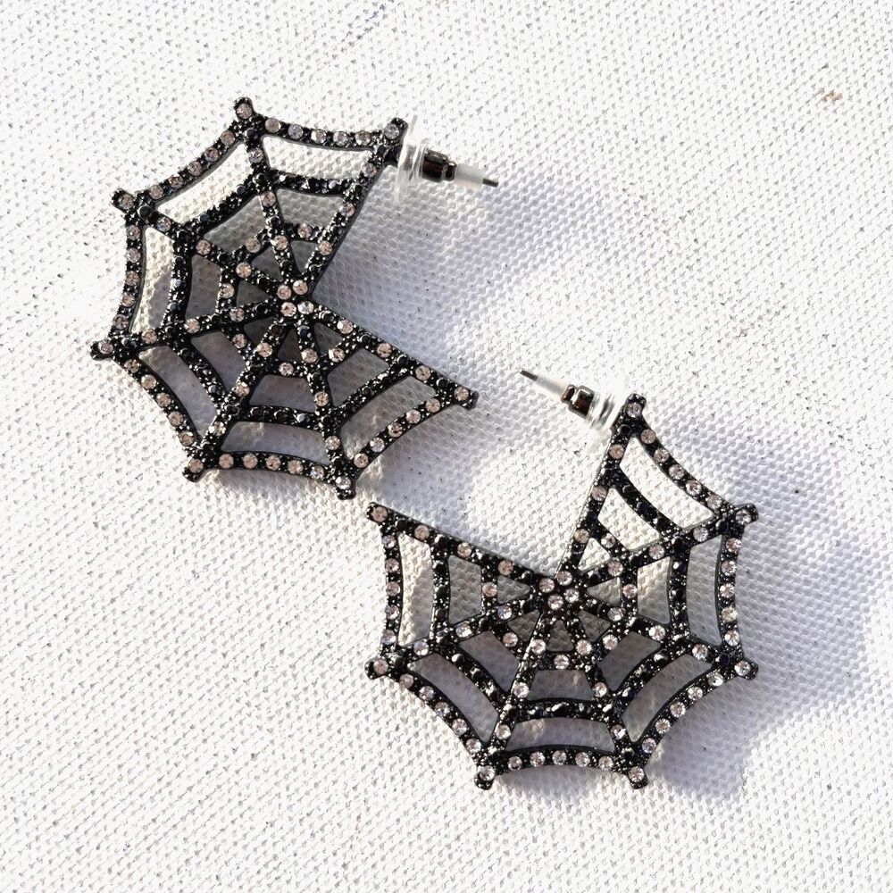 Way to Celebrate Silvertone and Black Hematite Spider Web Hoop Earring, 1 Pair